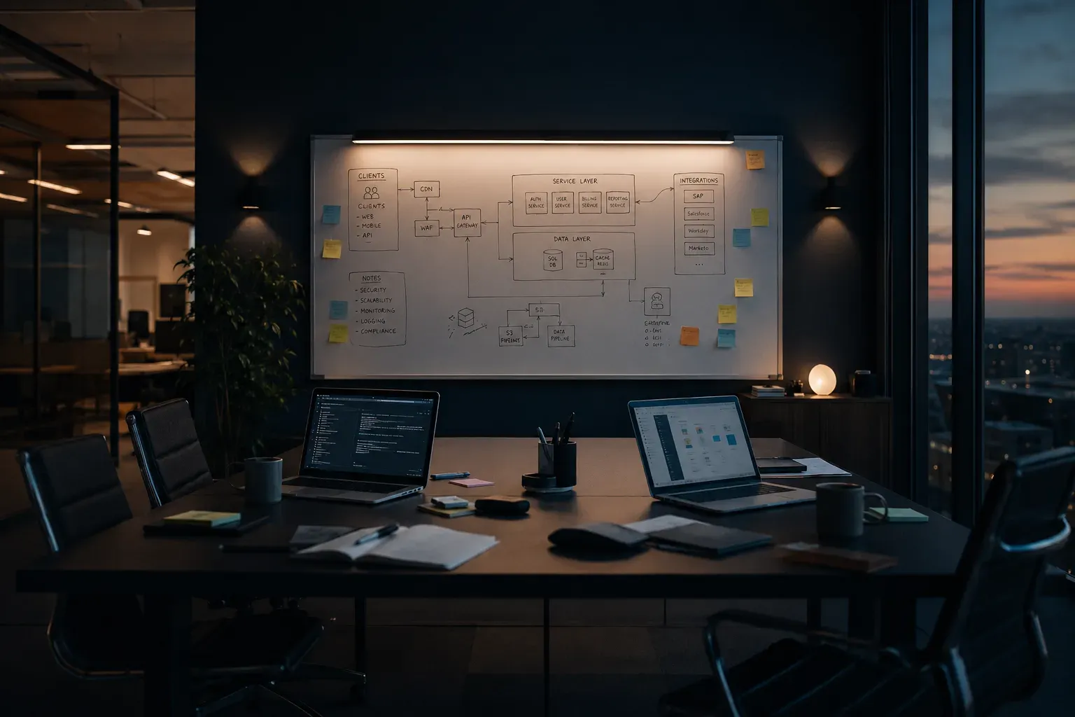 Design-session war room: whiteboard with system architecture diagrams and open laptops