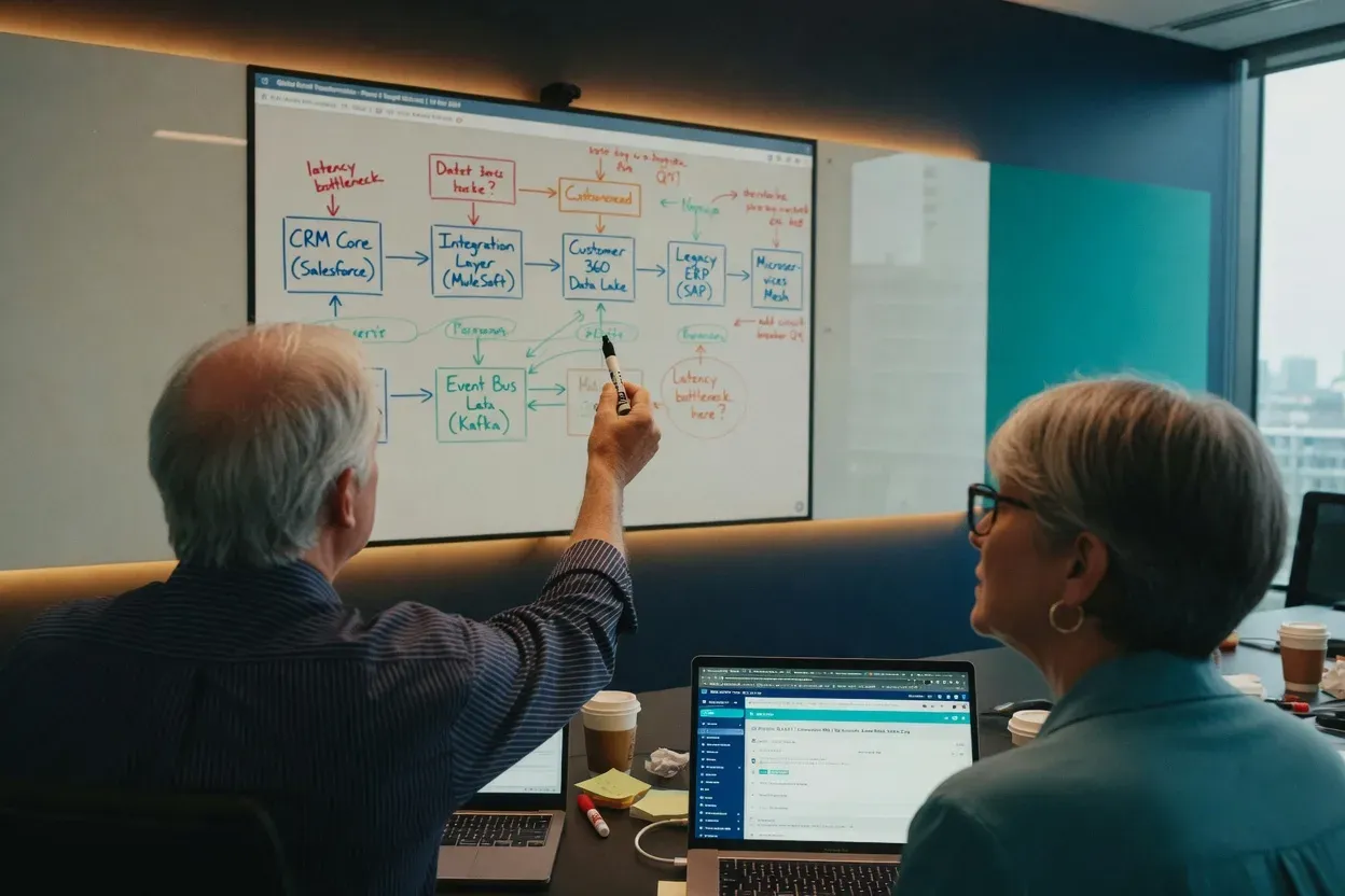 Two consultants working through a Salesforce integration architecture diagram on a wall screen